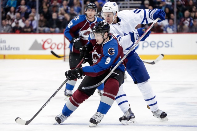 Matt Duchene of the Colorado Avalanche and Zach Hyman of the Toronto Maple Leafs