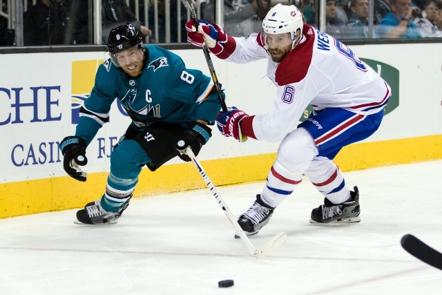 Shea Weber of the Montreal Canadiens and Joe Pavelski of the San Jose Sharks