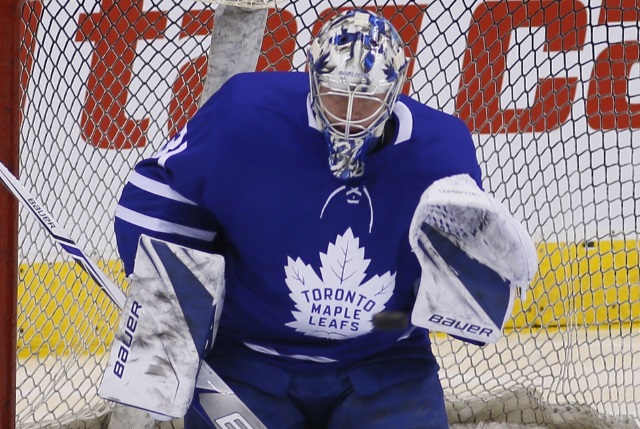 Frederik Andersen leaves after taking a skate to the head