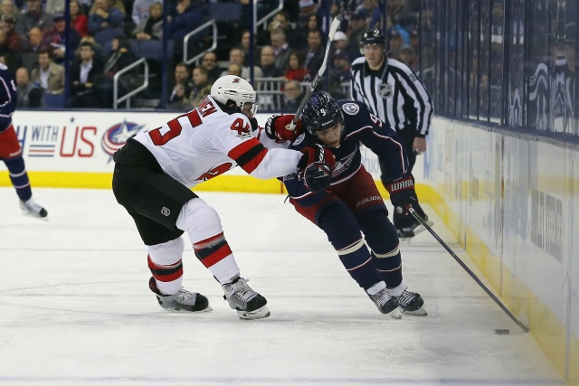 Artemi Panarin of the Columbus Blue Jackets and Sami Vatanen of the New Jersey Devils