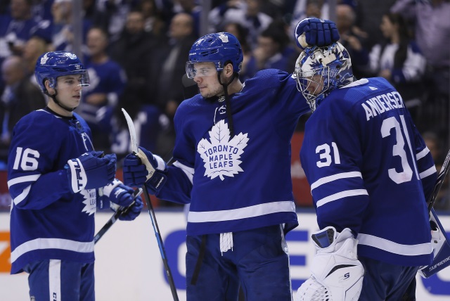 Toronto Maple Leafs Auston Matthews, Mitch Marner and Frederik Anderson