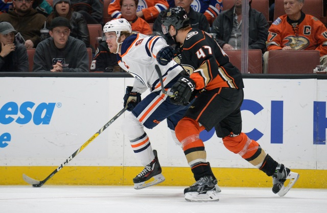 Anaheim Ducks Hampus Lindholm with a dangerous hit on Edmonton Oilers Connor McDavid