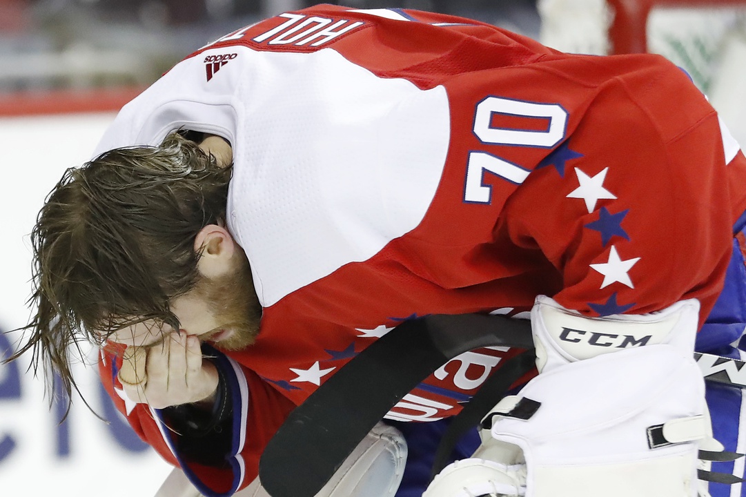 Washington Capitals goalie Braden Holtby took a stick to the eye area.