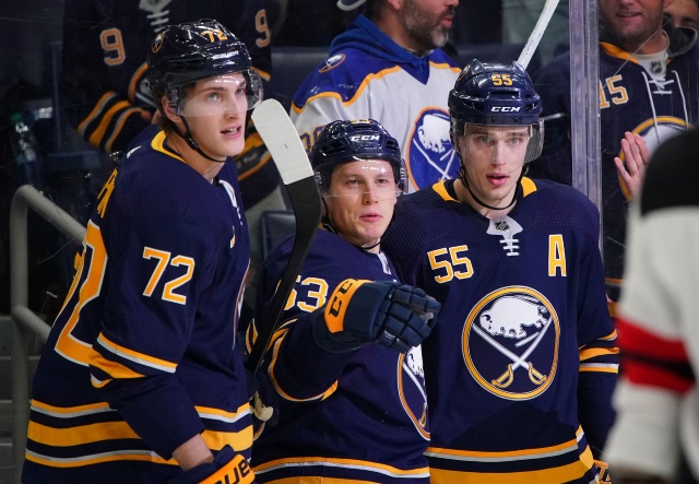 Buffalo Sabres Jeff Skinner, Rasmus RIstolainen and Tage Thompson.