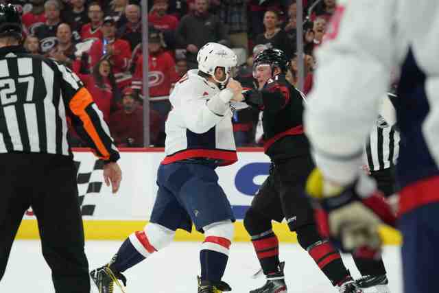 NHL video: Alex Ovechkin and Andre Svechnikov get into a scrap which leads to Svechnikov being knocked out.