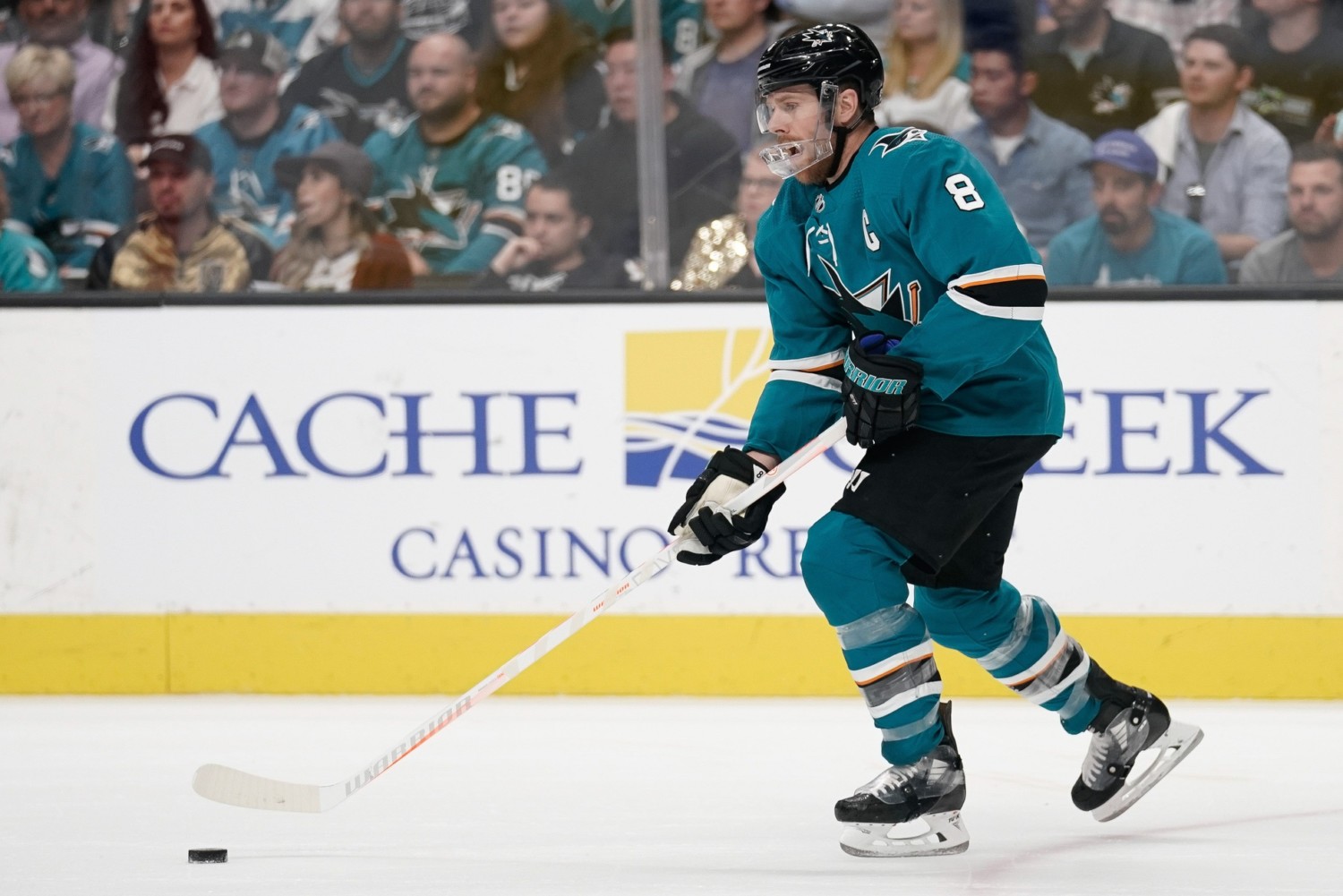 San Jose Sharks forward Joe Pavelski skating back in San Jose