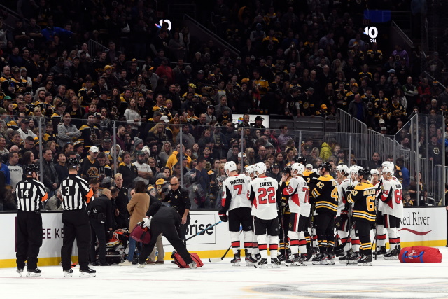 Scott Sabourin was taken off the ice on a stretcher after a collision with David Backes.