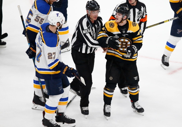 Alex Pietrangelo of the St. Louis Blues and Torey Krug of the Boston Bruins