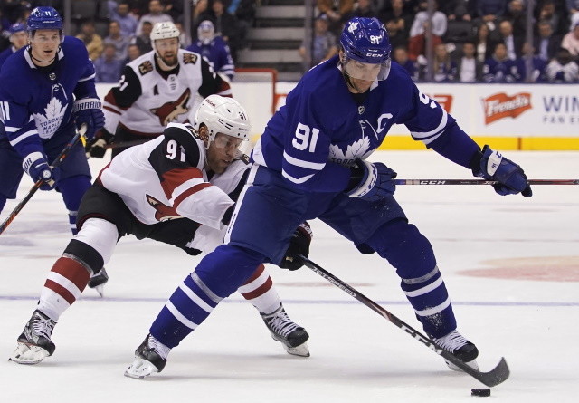 John Tavares of the Toronto Maple Leafs and Taylor Hall of the Arizona Coyotes