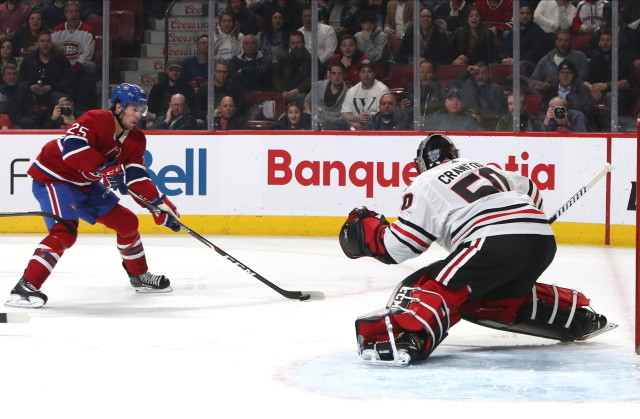 Montreal Canadiens shopping Charles Hudon, would trade their first-round pick. Chicago Blackhawks GM on Corey Crawford and other free agents.