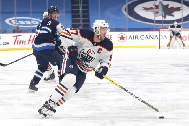 Connor McDavid hits 80 points, can he get to 100? Jake DeBrusk not in the lineup. Mikko Rantanen and Philipp Grubauer not ready yet.