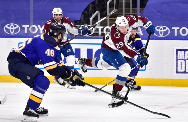 Nathan MacKinnon returns to Avs lineup. Torey Krug returns. Ondrej Palat out day-to-day. Zach Hyman and Riley Nash in regular jerseys.