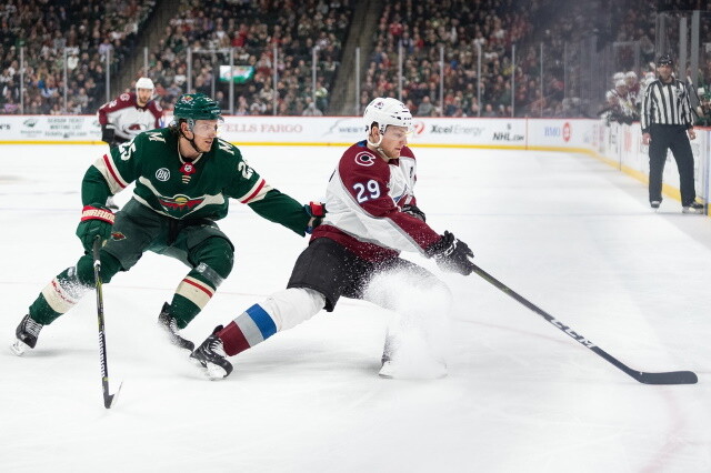 Nathan MacKinnon leaves after taking a hit from Hall. Jonas Brodin could be good for Friday. Carey Price frustrated with the slow progress.wres