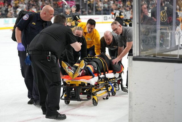 Patrice Bergeron didn't get clearance. Joonas Korpisalo done for the season. Krug out weeks with a hand injury. Brett Howden stretchered off.