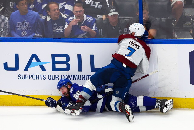 Brayden Point, Andre Burakovsky and Nazem Kadri miss Game 3. Nikita Kucherov leaves and no update. Nick Paul plays through a leg issue.