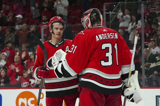 Sebastian Aho misses game and Frederik Andersen leaves early. Kirby Dach tears his ACL and MCL. Josh Norris could be ready soon.