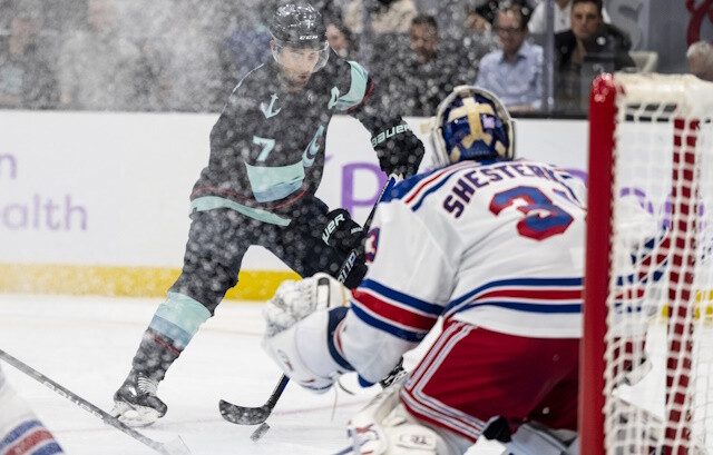 Jordan Eberle has his leg cut by a skate. Rangers will see how Igor Shesterkin feels today. Patrik Laine skating. Jared Spurgeon could be ready Sunday.