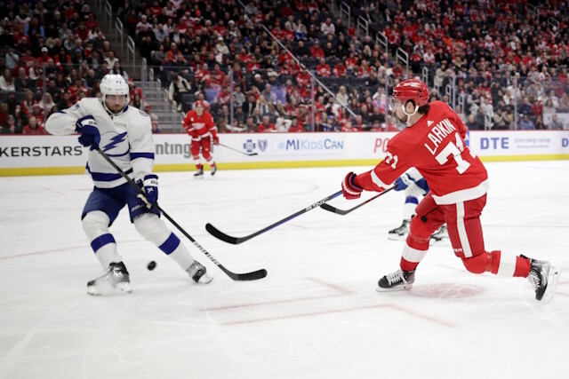 Dylan Larkin back on the ice and feeling good. Victor Hedman out last night. Ryan Reaves out a while after crashing into the board.