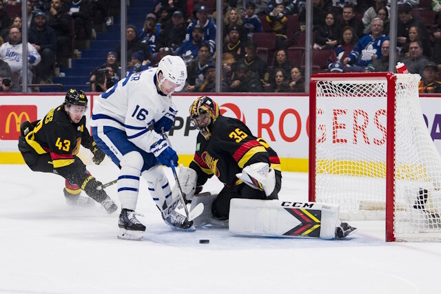 Aaron Ekblad leaves in the first. Adrian Kempe returns after missing 5 games. Mitch Marner out with a LBI. Thatcher Demko leaves early.